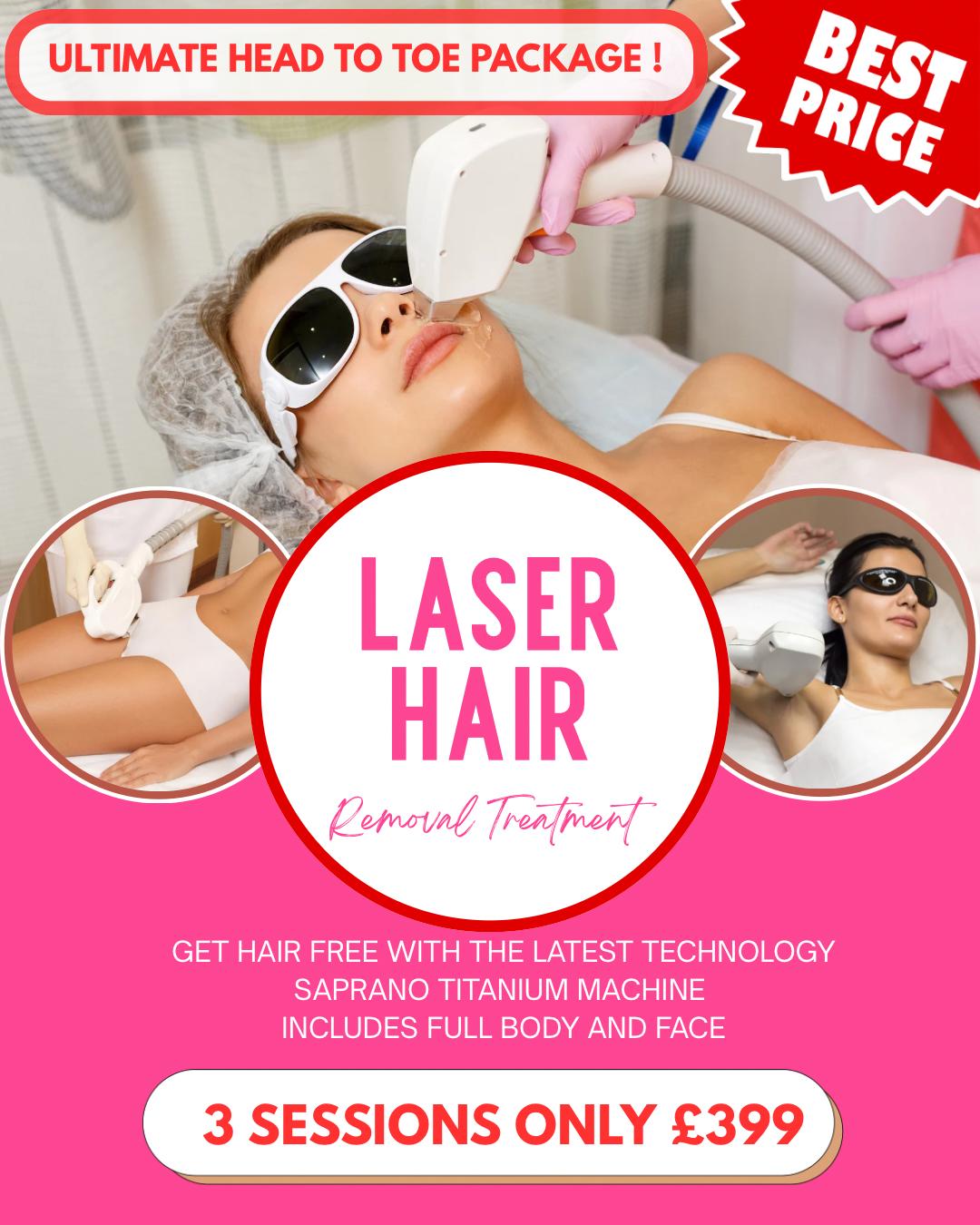 Full Body and Face Laser Hair Removal (3 Sessions)